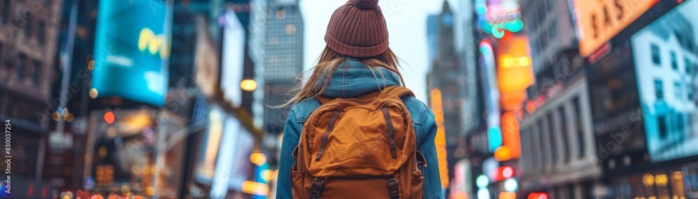 Young woman exploring a bustling city street, urban adventure, vibrant atmosphere, modern architecture, city lights, energetic and dynamic, travel and exploration, copy space. Young woman exploring a bustling city street, urban adventure, vibrant atmosphere, modern architecture, city lights, energetic and dynamic, travel and exploration, copy space.