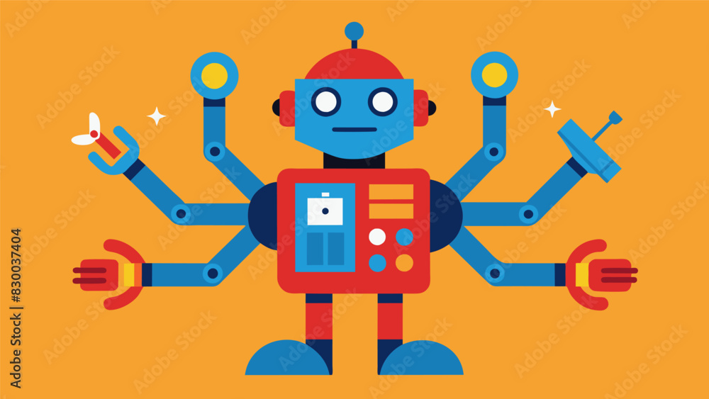 A robot with multiple arms and functions showcasing the students creativity and determination to push the boundaries of what is possible with robotics.. Vector illustration A robot with multiple arms and functions showcasing the students creativity and determination to push the boundaries of what is possible with robotics.. Vector illustration