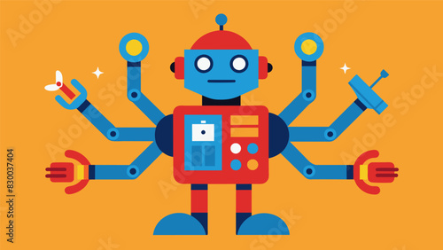 A robot with multiple arms and functions showcasing the students creativity and determination to push the boundaries of what is possible with robotics.. Vector illustration