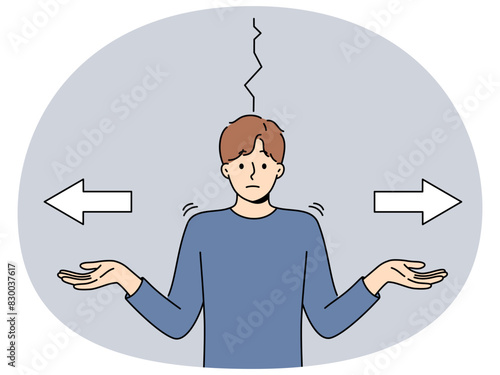 Puzzled man cannot make decision and spreads hands standing next to arrows pointing in different directions. Puzzled guy faces difficult choice and shrugs shoulders to ask for help
