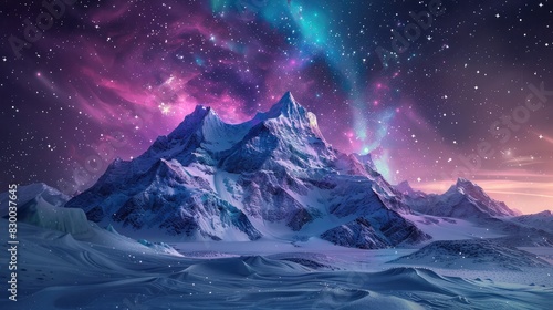 A photo of a snowy mountain with crystalline ice structures, a night sky with northern lights and twinkling stars in the background photo