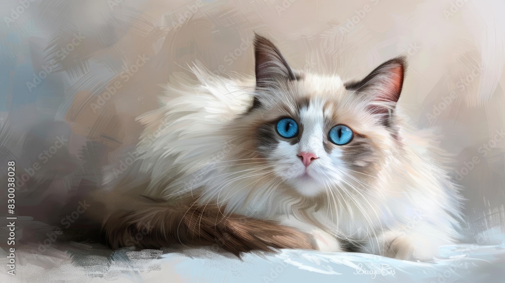 A depiction of a ragdoll cat a lovely fluffy feline with blue eyes