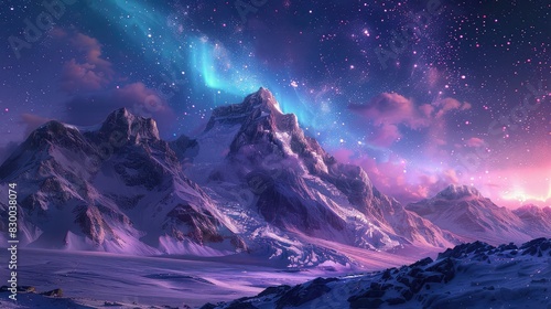 A photo of a snowy mountain with crystalline ice structures, a night sky with northern lights and twinkling stars in the background