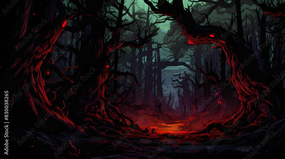 Fototapeta premium Digital mythology comic dark forest graphics poster background
