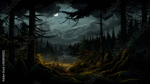 Digital mythology comic dark forest graphics poster background