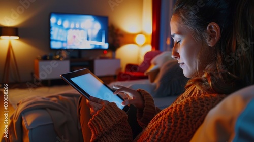 Young woman streaming video on a tablet, relaxed and entertained, modern lifestyle, home setting, comfortable and casual, digital technology, copy space.