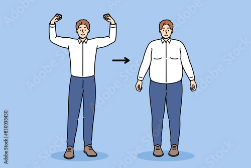 Slim man proud of getting rid of obesity and excess weight thanks to lifestyle transformation, showing biceps. Guy gained weight and got fat due to disease of obesity or eating disorder or bad habits
