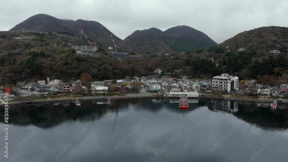 Aerial view flying over Lake Ashi approaching Hakone during autumn season, Kanagawa Prefecture, Japan. Aerial view flying over Lake Ashi approaching Hakone during autumn season, Kanagawa Prefecture, Japan.