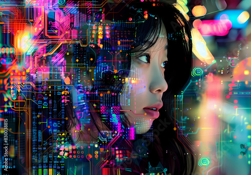 Digital Collage of an Asian Woman with Code, Electronics, and City Lights