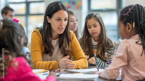 Teacher leading a discussion, engaged students, collaborative learning, modern classroom, supportive environment, diverse and interactive, bright setting, copy space.
