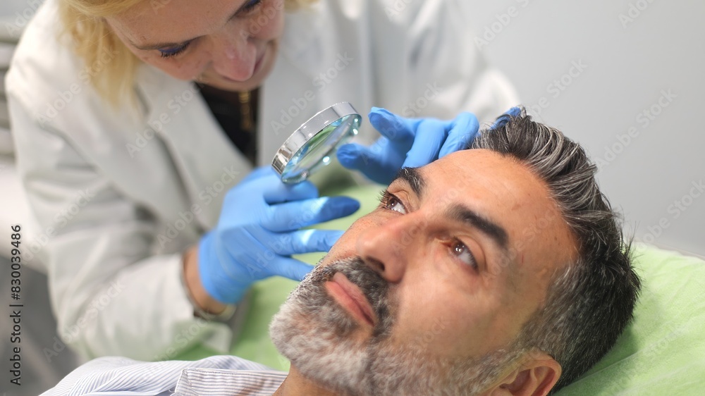 Doctor examining patient's face with magnifying glass at beauty clinic. Doctor examining patient's face with magnifying glass at beauty clinic.