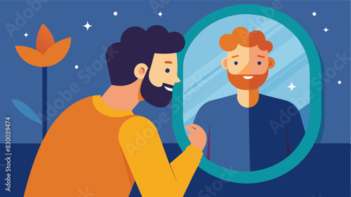 A man looking in the mirror with contentment seeing beyond physical imperfections and recognizing his positive qualities.. Vector illustration