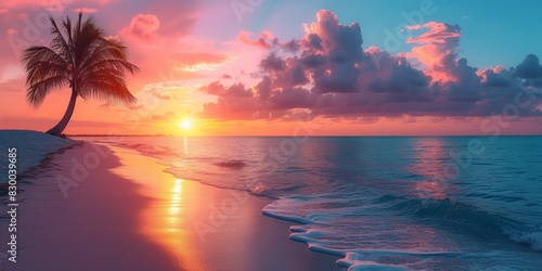 As the sun dips below the horizon  the ocean and sky merge into a canvas of vibrant colors  painting a breathtaking sunset scene over the tranquil beach.