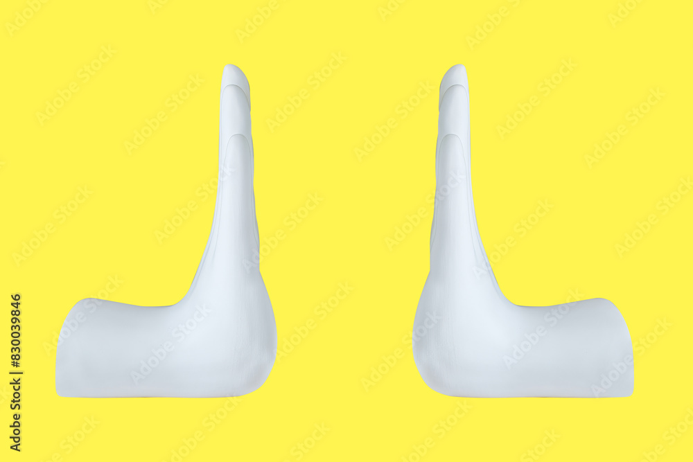 White open palm presenting gesture isolated on yellow background, female hand sculpture, art fashion concept, modern promo creative banner White open palm presenting gesture isolated on yellow background, female hand sculpture, art fashion concept, modern promo creative banner