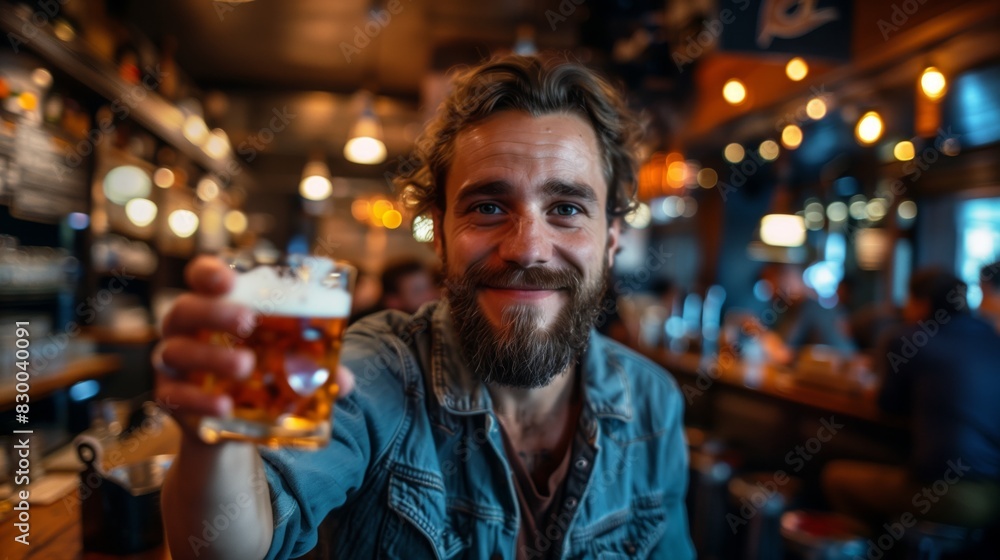 Smirking man holds beer glass in bar Smirking man holds beer glass in bar