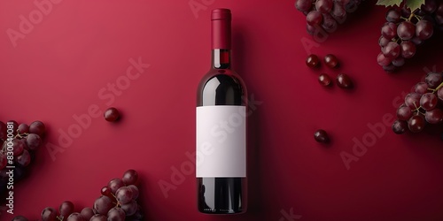 Expensive red wine in bottle with fresh grape bunches on dark red background, top view. Space for text. Overhead view. Wine bottle lying down on magenta surface. Gastronomic product still life. Banner