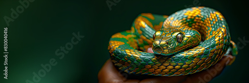 A hand holding a snake with gold and green scales on green background, banner. Concept of danger and fascination with the exotic creature