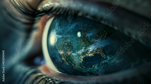 Macro Shot of Human Eye Reflecting the Earth from Space. Generative AI