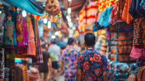 Man shopping in a bustling market, cultural diversity, daily life, vibrant and lively, traditional attire, colorful surroundings, community atmosphere, copy space. photo