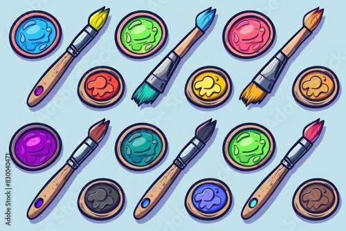 Colorful paint brushes and paint pots on blue background with white background, art supplies concept