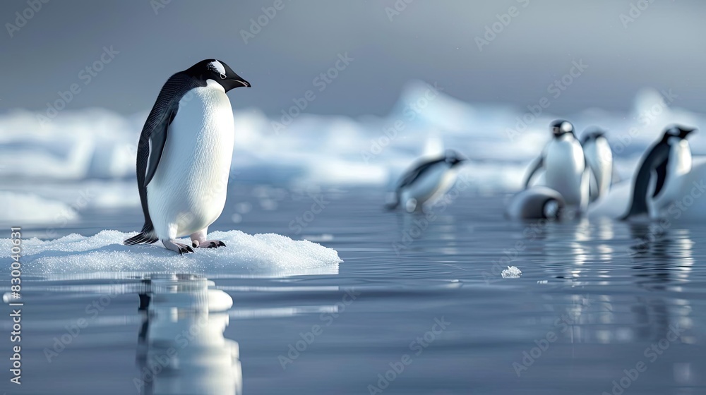 Fototapeta premium Penguins standing on ice floes in an icy landscape, showcasing their natural habitat in the cold Arctic waters.