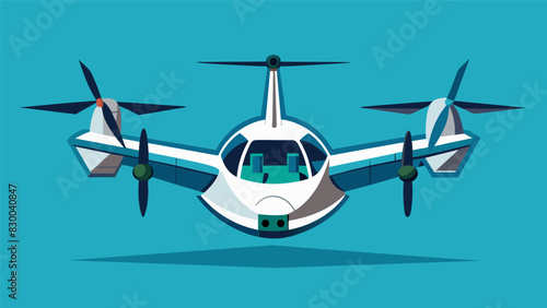 The unique design of the eVTOL allows it to seamlessly transition from vertical to horizontal flight showcasing its impressive aeronautical capabilities.. Vector illustration