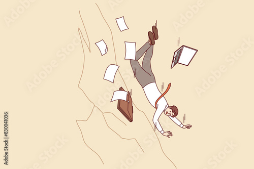 Loser business man falls off cliff due to mistake, or lack of professional experience and connections. Loser guy became victim of crisis and was thrown out of work during company downsizing