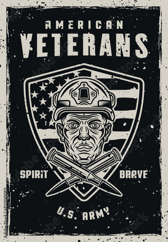 American veterans vintage poster with soldier head and two crossed bullets vector illustration. Layered, separate grunge texture and text