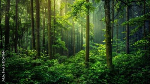 Dense forest with towering trees, lush greenery, serene and peaceful, natural beauty, untouched wilderness, vibrant and alive, morning mist, copy space.