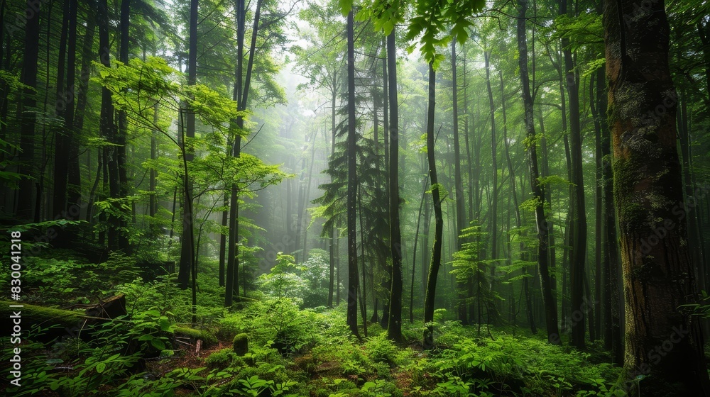 Fototapeta premium Dense forest with towering trees, lush greenery, serene and peaceful, natural beauty, untouched wilderness, vibrant and alive, morning mist, copy space.