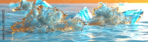 Close-up of vibrant blue ice chunks floating on water during a stunning sunset, capturing the beauty of nature and the tranquility of the scene.