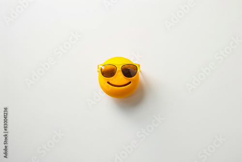 A minimalist composition featuring the yellow sunglasses emoji positioned against a clean white backdrop, its bold design serving as a stylish accent in any space