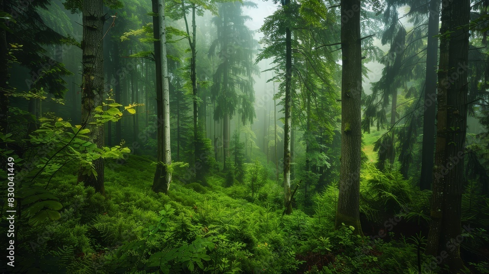 Fototapeta premium Dense forest with towering trees, lush greenery, serene and peaceful, natural beauty, untouched wilderness, vibrant and alive, morning mist, copy space.
