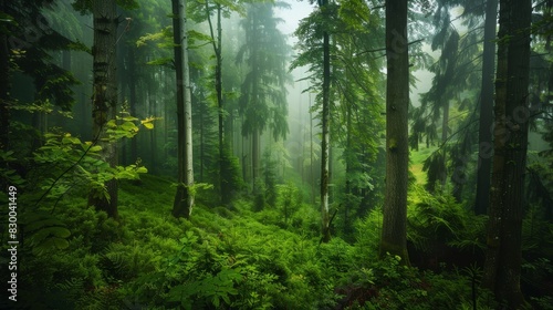 Dense forest with towering trees, lush greenery, serene and peaceful, natural beauty, untouched wilderness, vibrant and alive, morning mist, copy space.