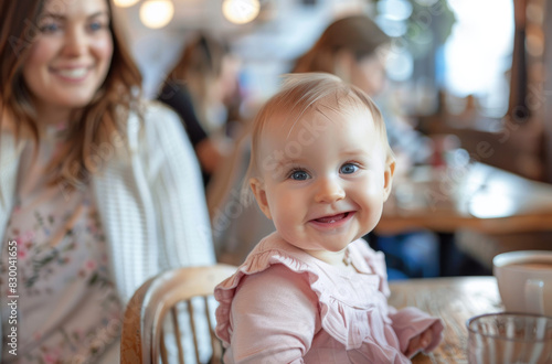 an adorable baby girl in a pink onesie, sitting on her mother's lap at a table with two women smiling nearby