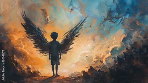 In a realm where imagination knows no bounds, a young boy stands tall amidst a surreal dreamscape, his form adorned with the shadowy silhouette of a majestic bird wing.
