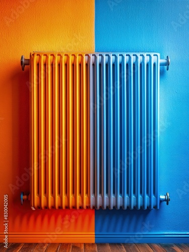 Radiator in Room With Blue and Orange Wall. Generative AI
