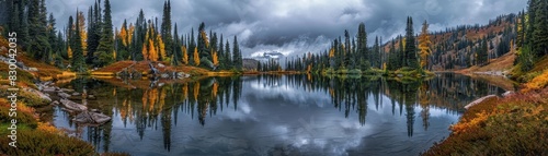 Wallpaper Mural Mountain lake surrounded by trees, tranquil and reflective, serene and peaceful, natural beauty, vibrant colors, clear water, untouched wilderness, copy space. Torontodigital.ca