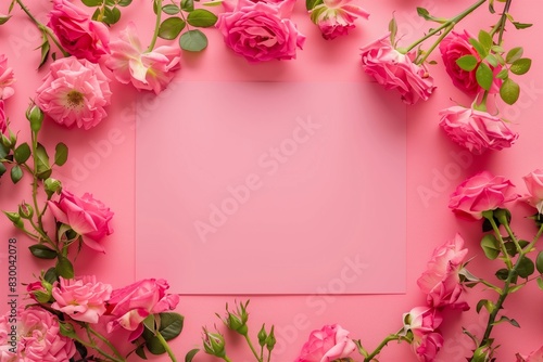 Square frame wreath with blank mockup copy space made of pink rose flowers on pink background. Flat lay, top view minimal floral composition.