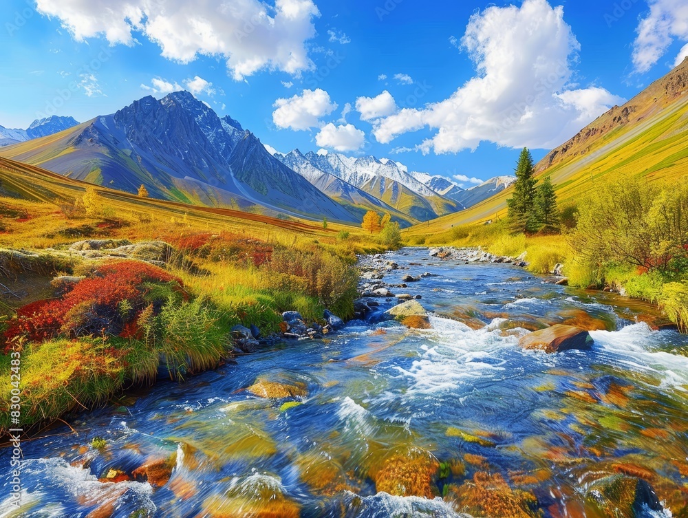 Naklejka premium Mountain valley with a flowing river, serene and majestic, natural beauty, vibrant colors, clear water, untouched wilderness, panoramic view, copy space.