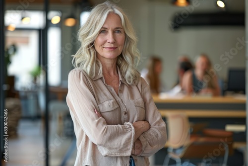 A portrait of a mature, successful senior woman boss inside the office in a business suit shows a businesswoman smiling and looking at the camera, standing with crossed arms.