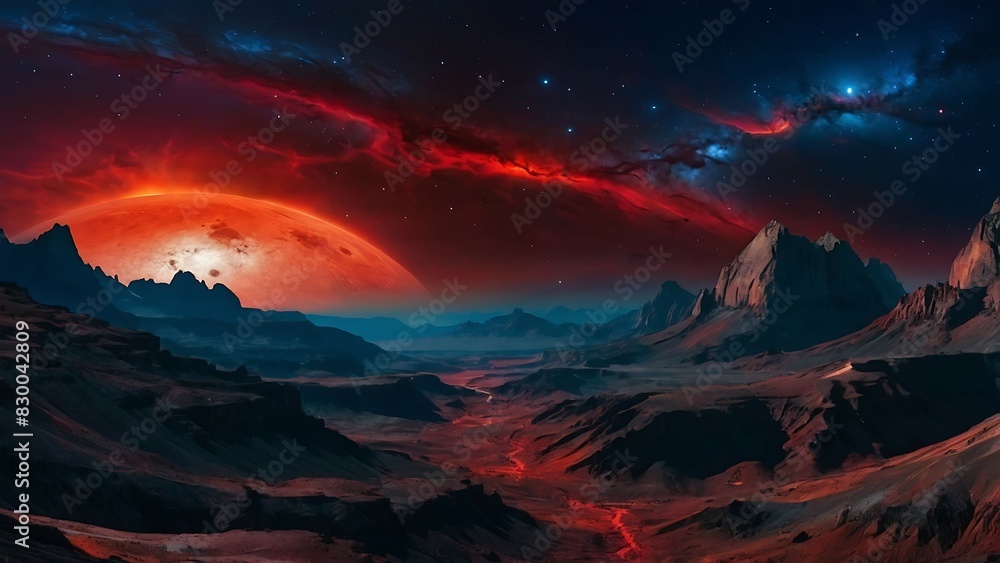A large blue and red planet is rising over a mountainous landscape. A comet or asteroid can be seen streaking through the sky above the planet.