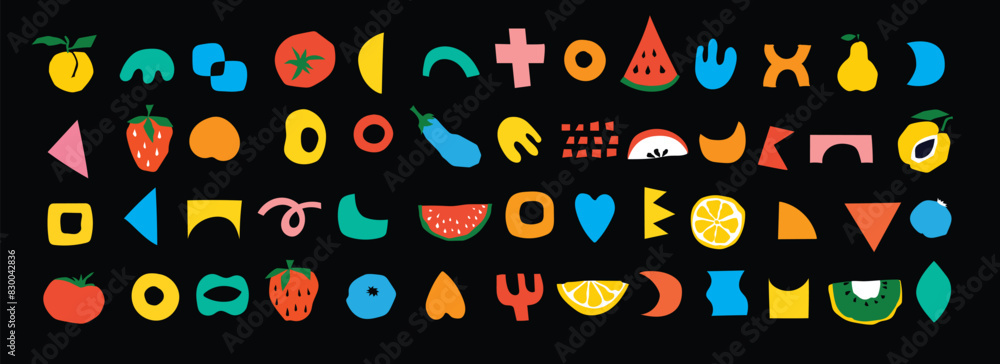 Organic food banner in flat style. Fruits and cereals geometry minimalistic with simple shape and figure. Great for flyer, web poster, natural products presentation templates, cover design. Organic food banner in flat style. Fruits and cereals geometry minimalistic with simple shape and figure. Great for flyer, web poster, natural products presentation templates, cover design.