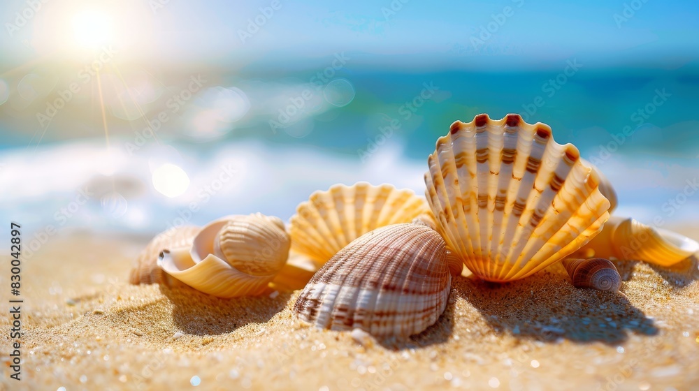 Seashells on a sandy beach, serene and picturesque, natural beauty, vibrant and colorful, tranquil setting, ocean background, bright and sunny, copy space. Seashells on a sandy beach, serene and picturesque, natural beauty, vibrant and colorful, tranquil setting, ocean background, bright and sunny, copy space.