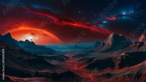 A large blue and red planet is rising over a mountainous landscape. A comet or asteroid can be seen streaking through the sky above the planet.