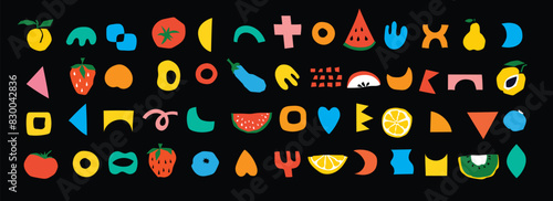Organic food banner in flat style. Fruits and cereals geometry minimalistic with simple shape and figure. Great for flyer, web poster, natural products presentation templates, cover design.