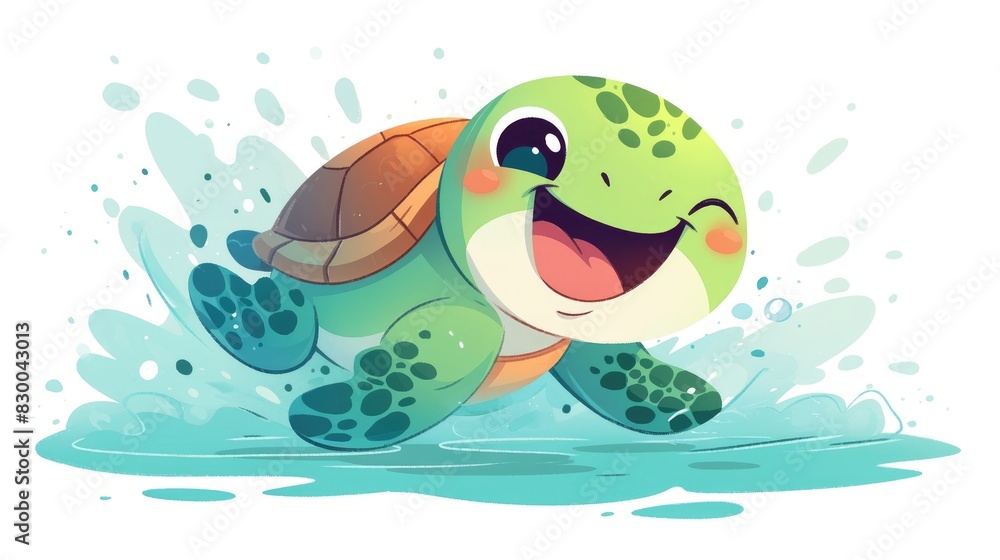 Obraz premium The cheerful green cartoon turtle joyfully swims adorned with a big smile on its face