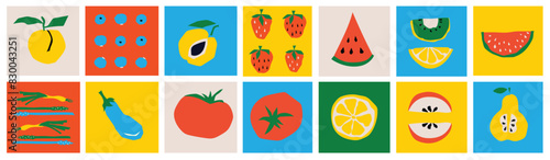 Abstract Floral Posters Set with Vegetables, fruits and Leaves . Trendy Groovy Abstract paper cut elements, fruits and berries for social media, postcards, print.