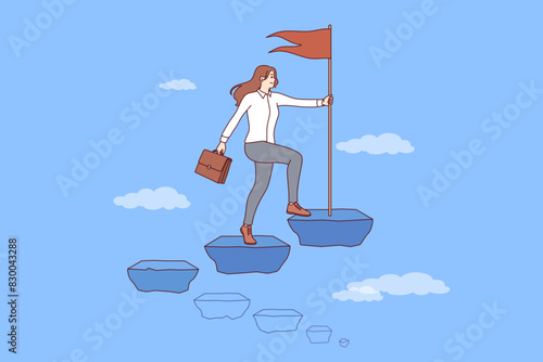 Business woman leader climbs career ladder and plants flag at top, demonstrating victory of feminism. Business leader strives for success and new achievements thanks to great ambitions and motivation