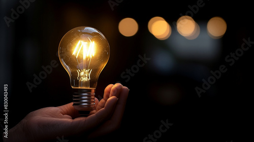 An illuminated or glowing lightbulb on a dark background with data and information analysis. The bulb represents new ideas, innovation, creativity, understanding, knowledge, and inspiration. Glowing. 